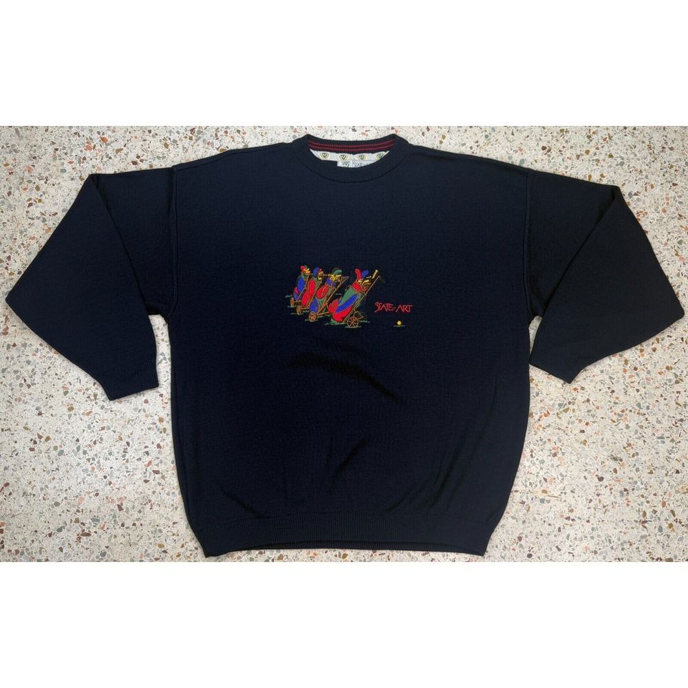 State Of Art Knitwear‎ Men's Vintage Blue Golf Embroidered Sweater Size Large